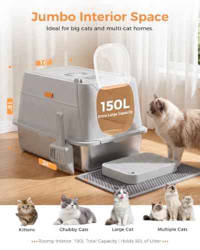 XL Stainless Steel Cat Litter Box with Lid (Light Gray / 24" L × 16" W × 16" H)