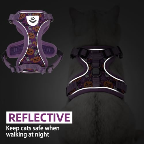 Halloween Cat Harness and Leash Set Escape Proof Reflective Cat Walking Harness Adjustable Soft Breathable Mesh Vest for Small Pets (S (NECK 9.5"-11", CHEST 13"-16") / Purple(Halloween))