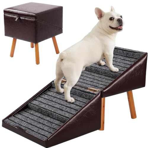 Dog Stairs for Couch Ottoman Dog Steps Faux Leather (Burgundy Brown / XL(17.13”H))