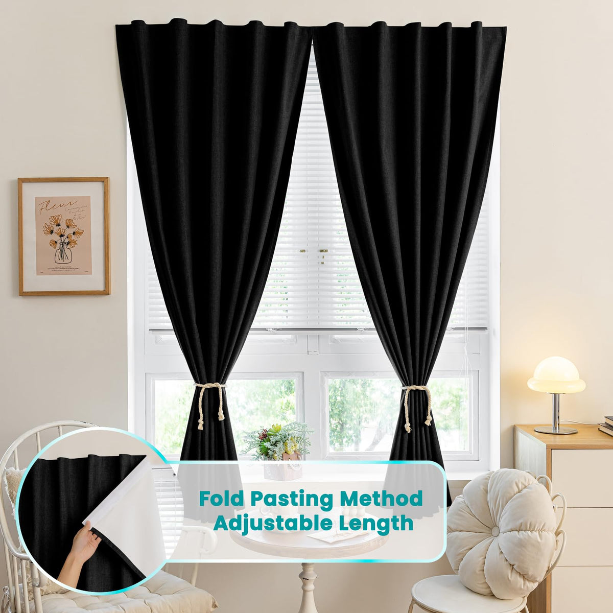 100% Blackout Self Adhesive Curtains (52"W x 60"L (Pack of 1) / Black)