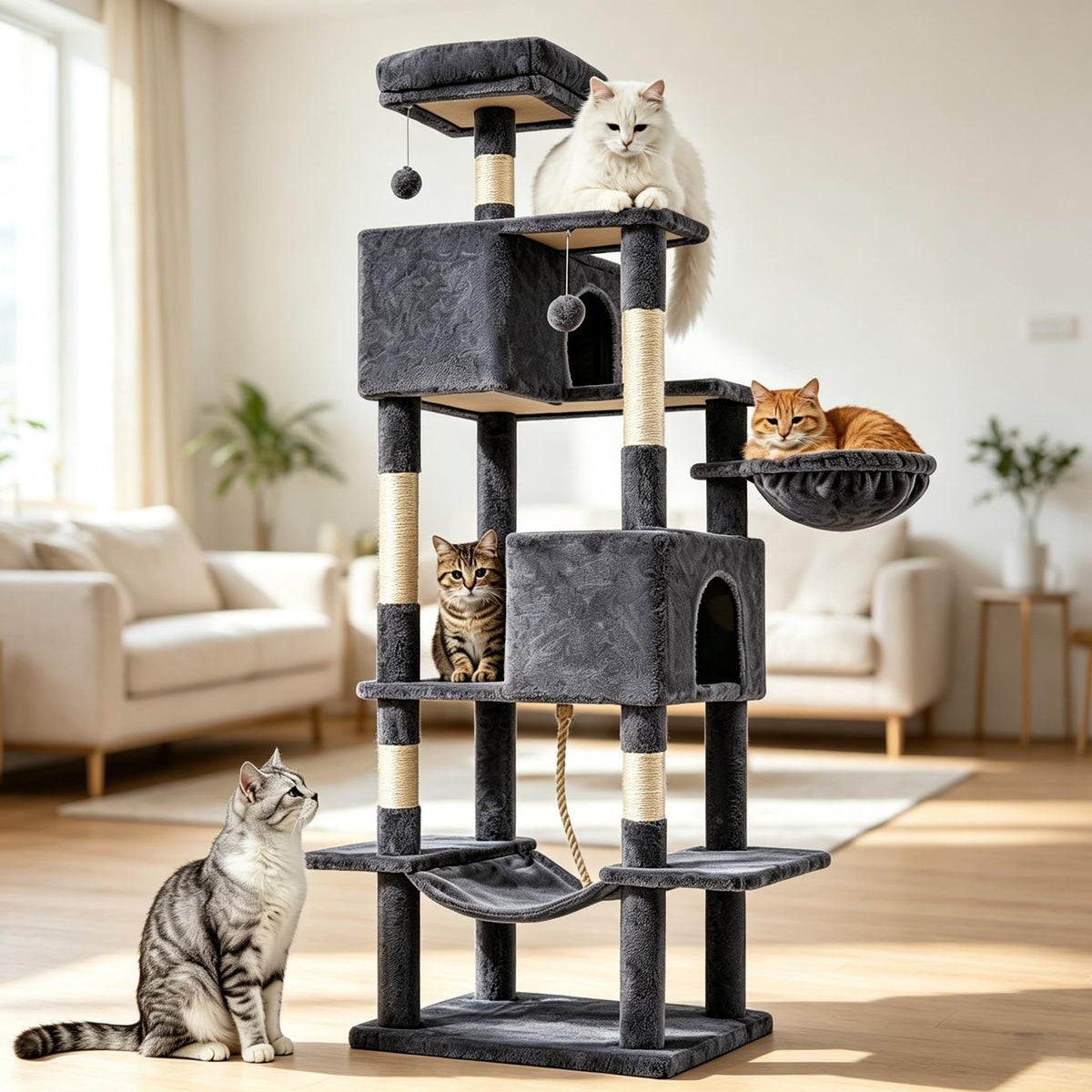 66 Inch Large Cat Tree Tower with Scratching Posts (Dark Grey / 66.9"×18.9"×18.9")