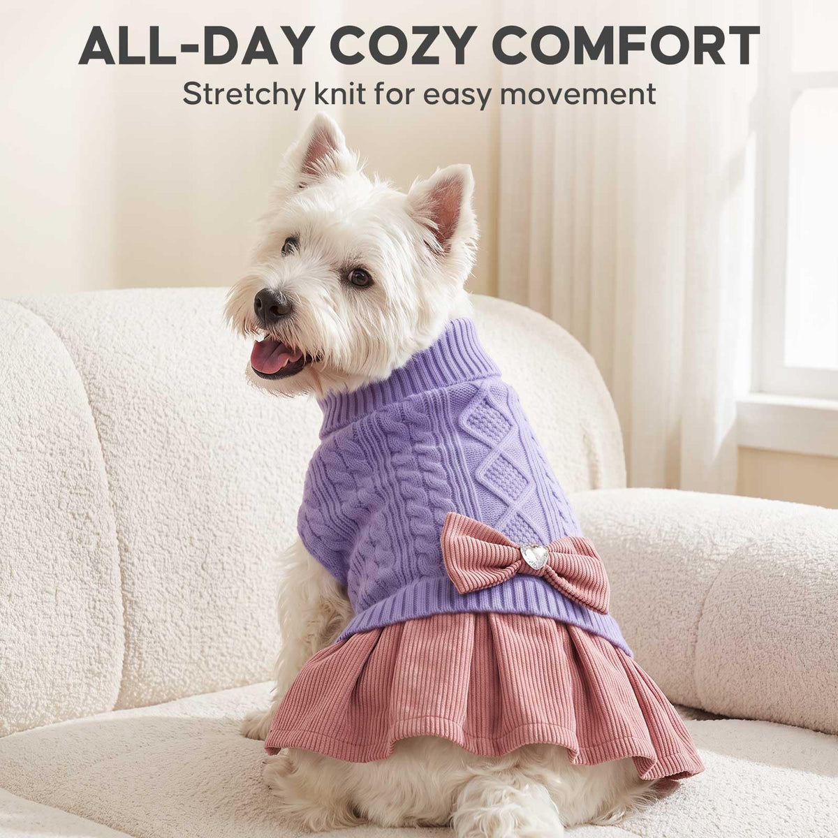 Dog Sweater Dress for Small Dogs Turtleneck Thick Knit Pullover (Medium (9-16lbs) / Light Purple)