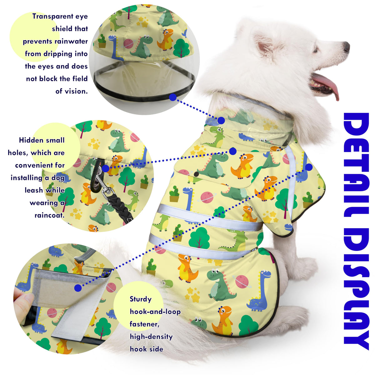 Dog Raincoat Adjustable Rain Jacket with Hooded Double Layer for Large Medium Small Dogs Puppies (Dino Yellow / XX-Large)