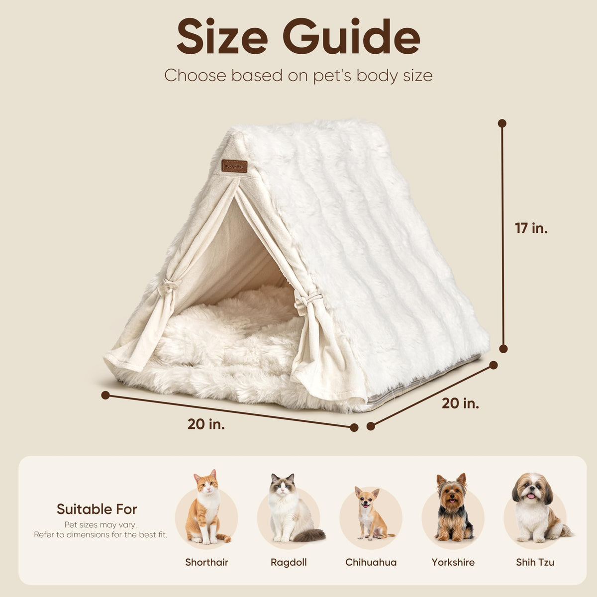 Cat Cave Bed Sturdy Frame Washable Cat Tent Bed with Curtain (Cream / 20"L x 20"W x 17"Th)