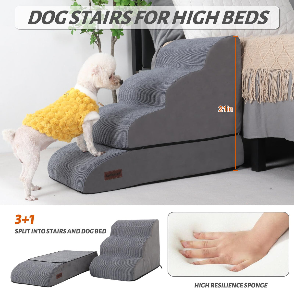 4 Step Dog Stairs and Ramp for Beds or Couch (Grey / Split Design 4-Step 21"H)