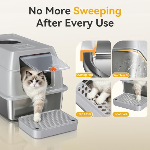 XL Enclosed Stainless Steel Litter Box with Lid (Light Gray-Enclosed)