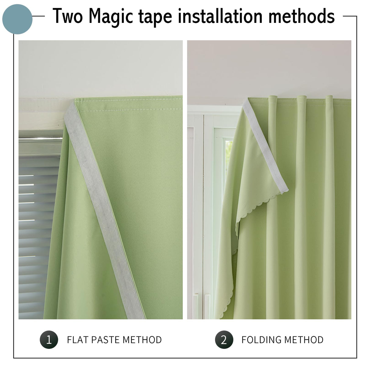 Magic Tape Stick on Curtains Blackout Curtains for Bedroom no Drillng Self Adhesive Curtain no Rod Small Window (Green / 47"W x 71"L (Pack of 2))