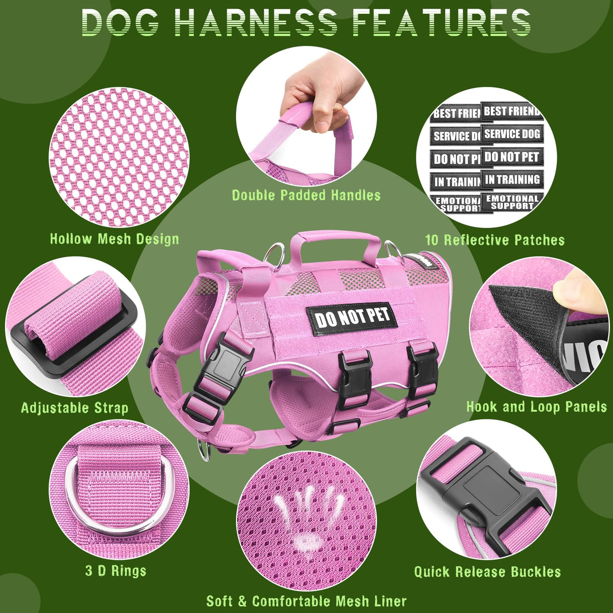 Tactical Molle Vest Mesh Dog Harness with 10 Removale Pet Patches (Large / Pink)