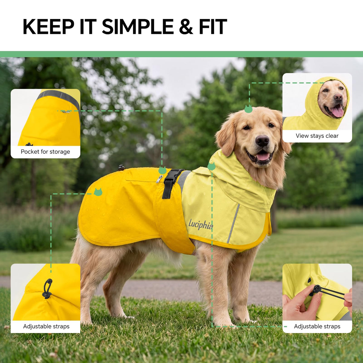 Dog Raincoat Adjustable Hooded Reflective Jacket with Pocket (Yellow / Small)