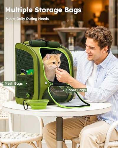 Cat Backpack Carrier (Green-on-Green Color Blocking / 12.6"L x 10.2"W x 16.5"H)