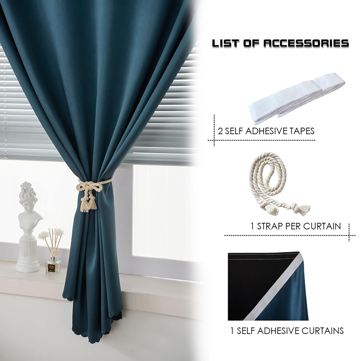 Self Adhesive Curtains 100% Blackout Shades Window Cover Sticky Curtain Portable Easy Open Black Out Curtains for Bedroom Living Room No Drilling (Navy Blue/ Thickened / 59"W x 63"L (Pack of 1))