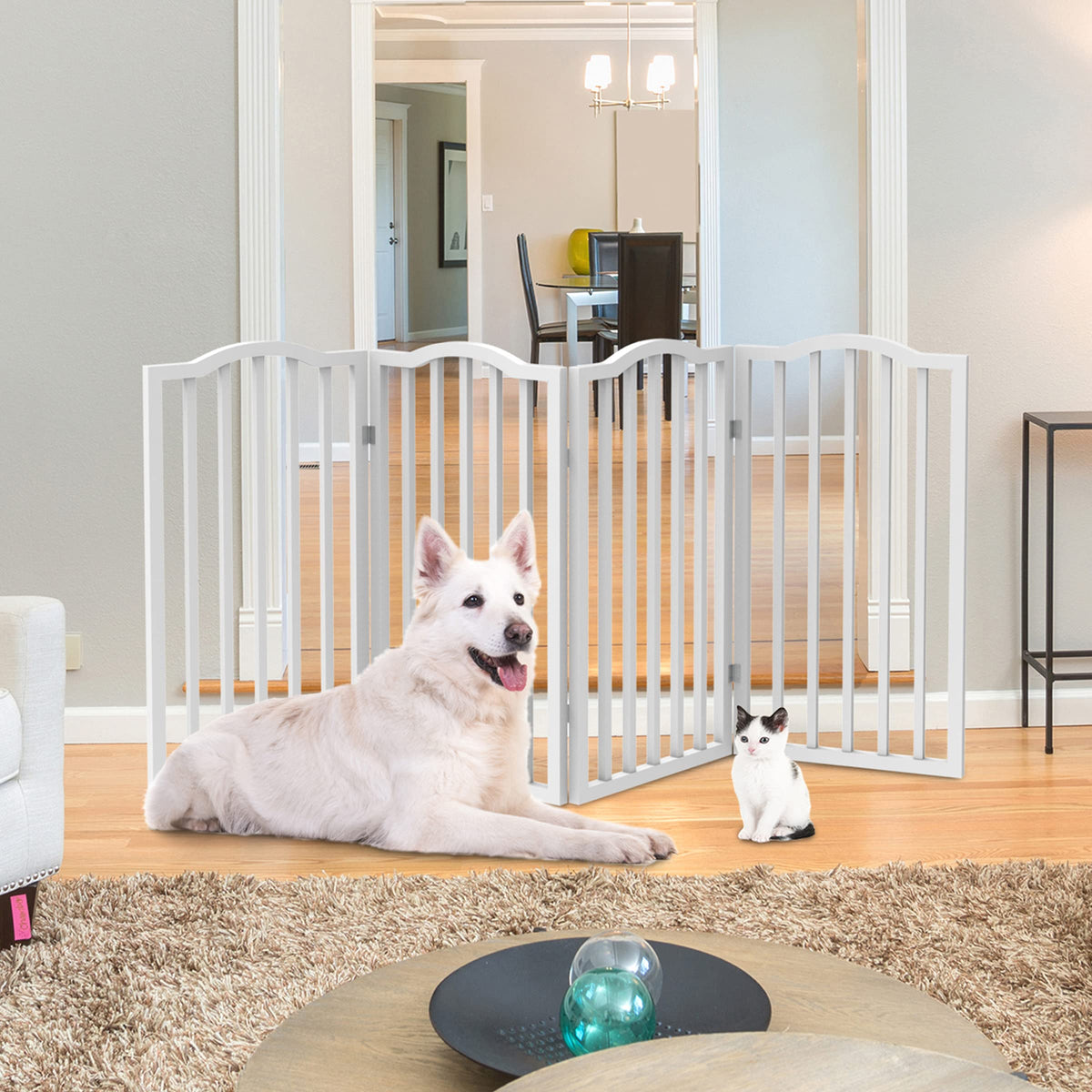 Pet Gate - 4-Panel Indoor Foldable Dog Fence for Stairs, Hallways, or Doorways - 72x32-Inch Wood Freestanding Dog Gates by PETMAKER (White) (White / 4 Panel)