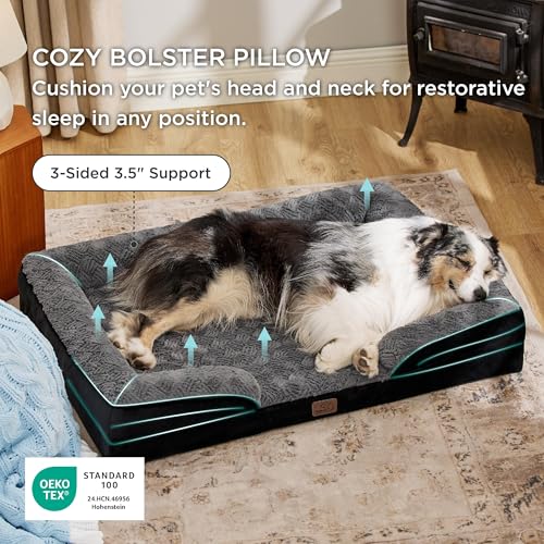 Orthopedic XL Dog Bed Extra Large Washable Original Design (Plush-Black / 42"l X 32"w X 6.5"th)