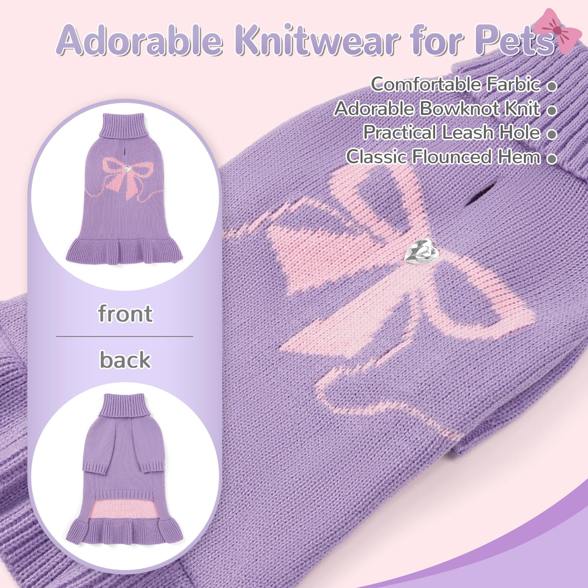 Bowknot Dog Sweater Dress for Small Dogs Girl (Large (14-21lbs) / Purple)