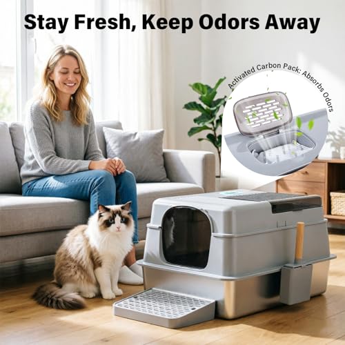 Stainless Steel Litter BoxWith Lid (XXXL:27.7"L x 19.7"W x 15.7"H)