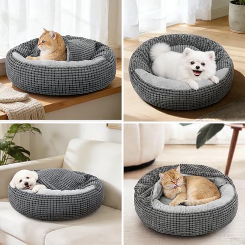 Small Dog Bed with Attached Blanket (Grey / S (23''x23''x7''))