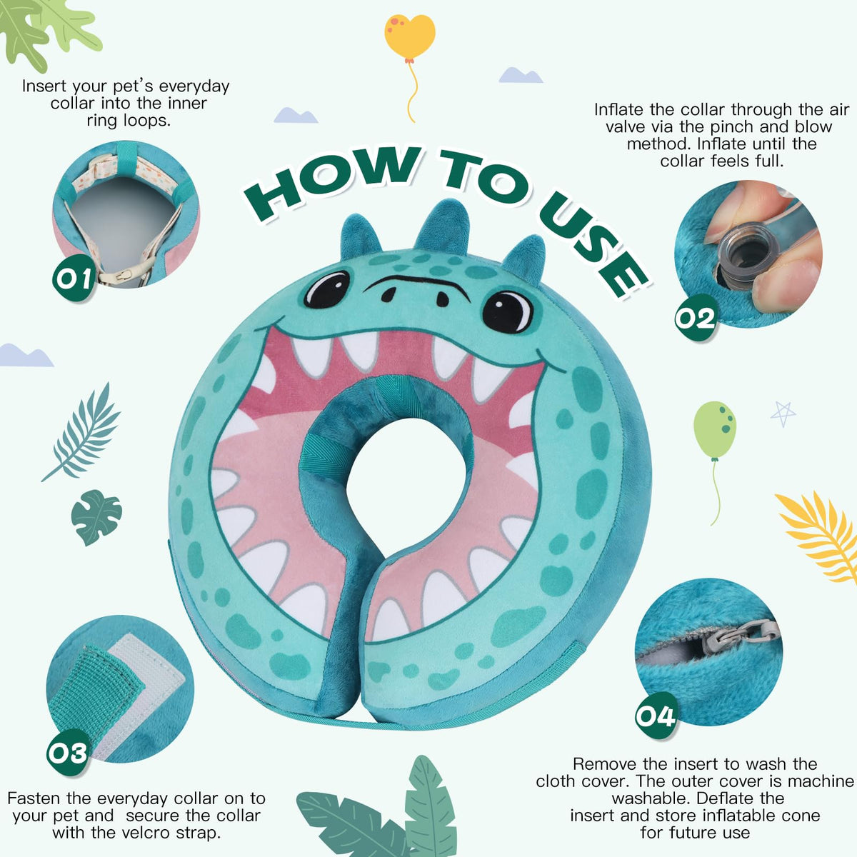 Inflatable Recovery Dog Collar (Teal Dinosaur / X-Large (Neck:20''-23''))