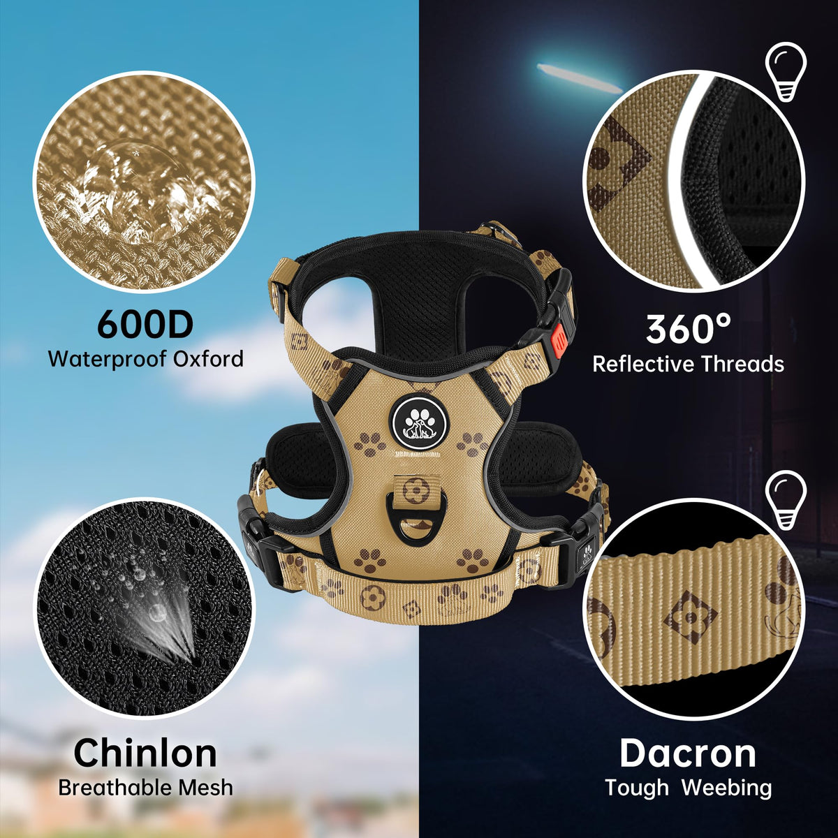 Reflective Dog Harness for Large Dogs (Light Brown / Large)