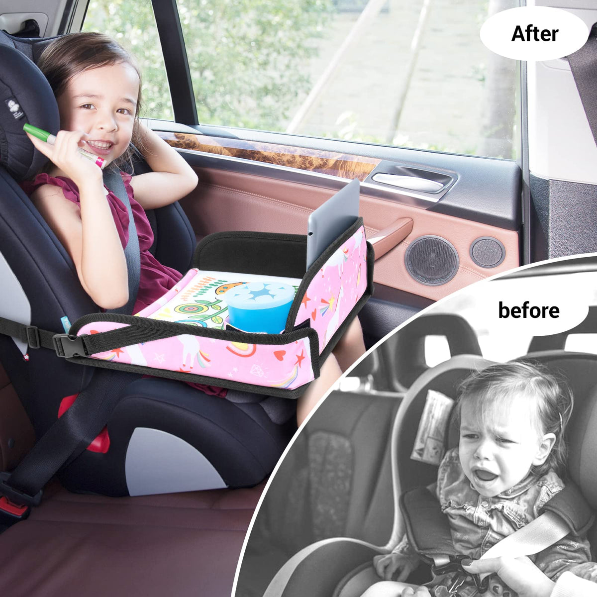 Kids Travel Tray for Car Seat & Airplane (Pink Unicorn -2PCS)