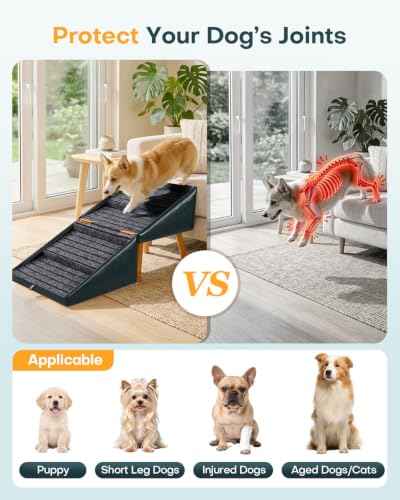 Foldable Dog Ramp for Couch Ottoman Artificial Leather Dog Stairs (Ink Blue / XL(17.13”H))