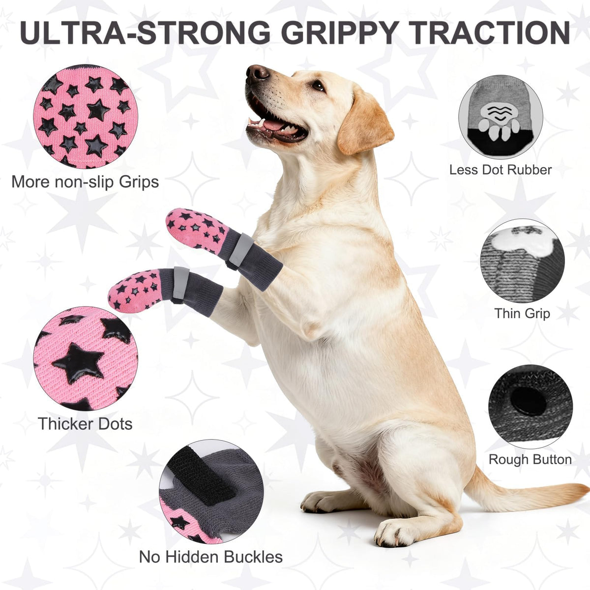 Dog Socks to Prevent Licking Paws Double Sided Grip Traction (PINK / L(2.6"-3" W | Pack of 4))