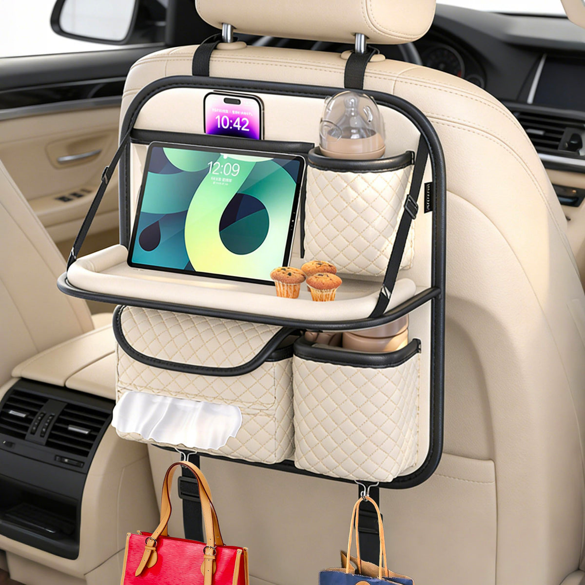 PU Leather Backseat Car Organizer with Tray (Beige)