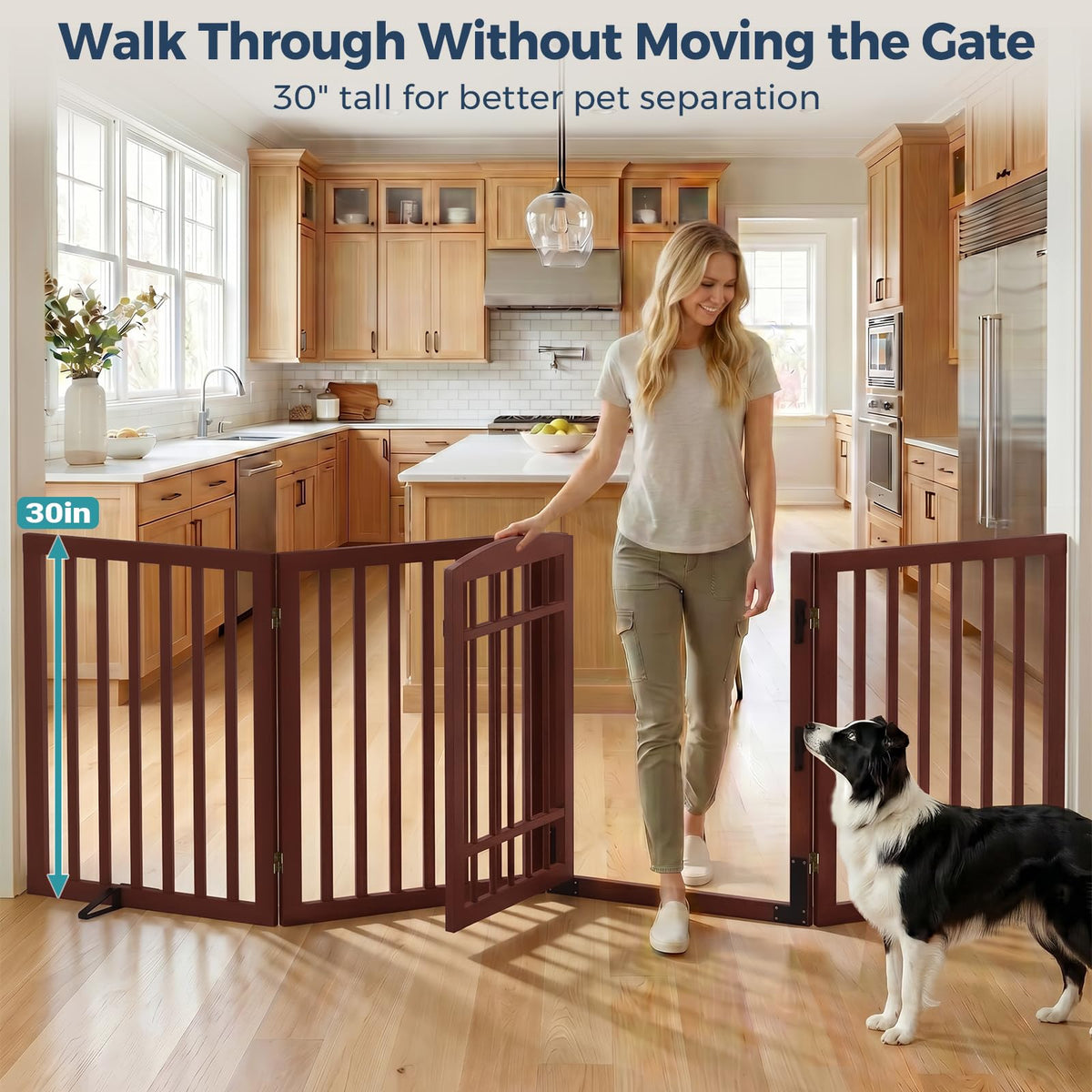 Dog Gate Indoor with Door (Espresso / 88"Wx30"H, 4-Panel)