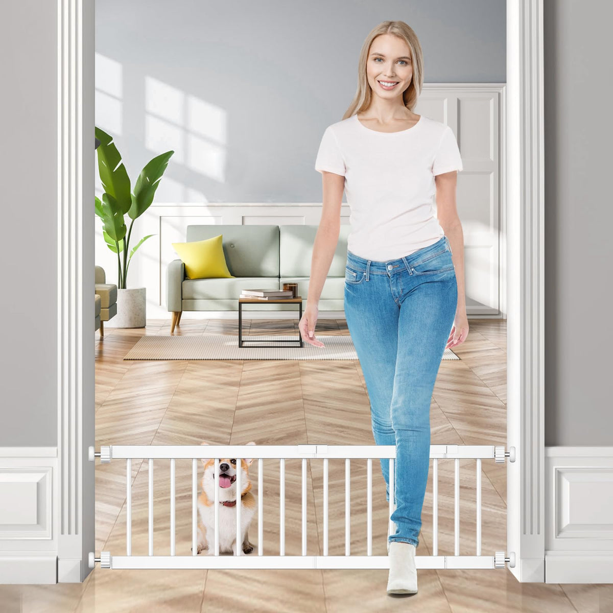 Dog Gate - 18"-45" Adjustable Extra Wide Metal Baby Gate to Step Over, 10" Tall Small Pet Gate with 3 Extension Kits, Pressure Mounted for Doorways & Stairs (18-45''W*10''H / White)