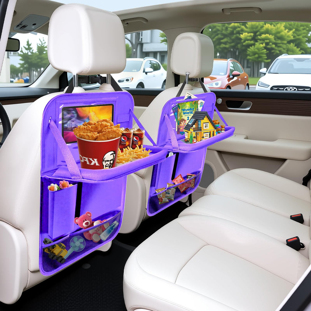 2 Pack Car Backseat Organizer with Foldable Table Tray Purple (Purple / 2 Pack with Food Tray)