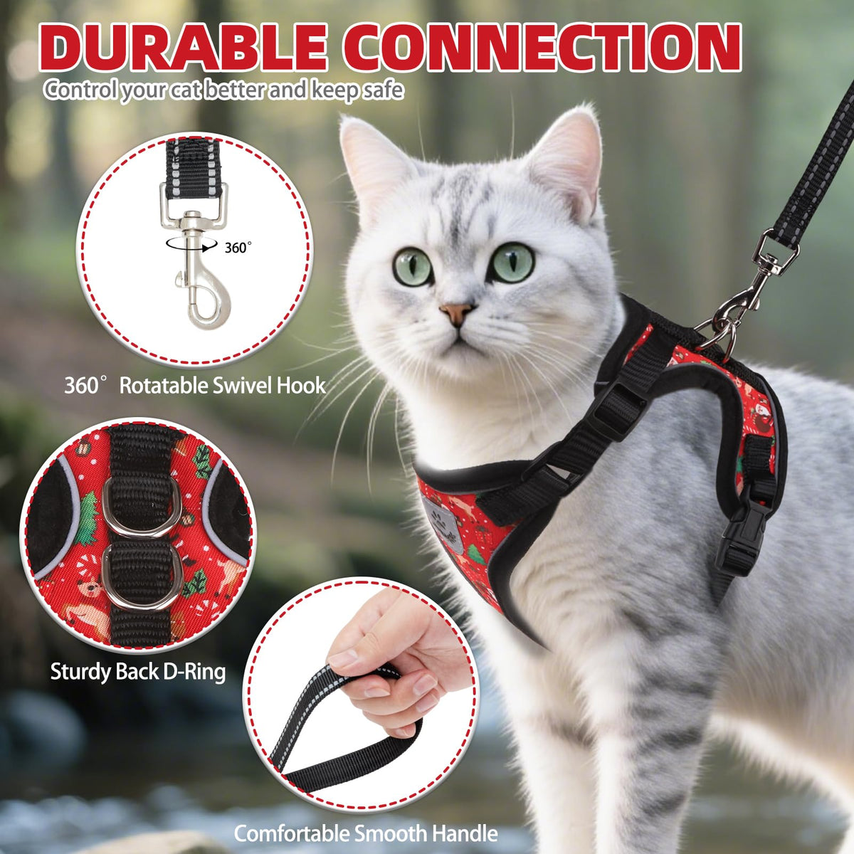 Cat Harness and Leash Set Escape Proof Reflective Cat Walking Harness Adjustable Soft Breathable Mesh Vest for Small Pets (S (NECK 9.5"-11", CHEST 13"-16") / Red(Christmas))