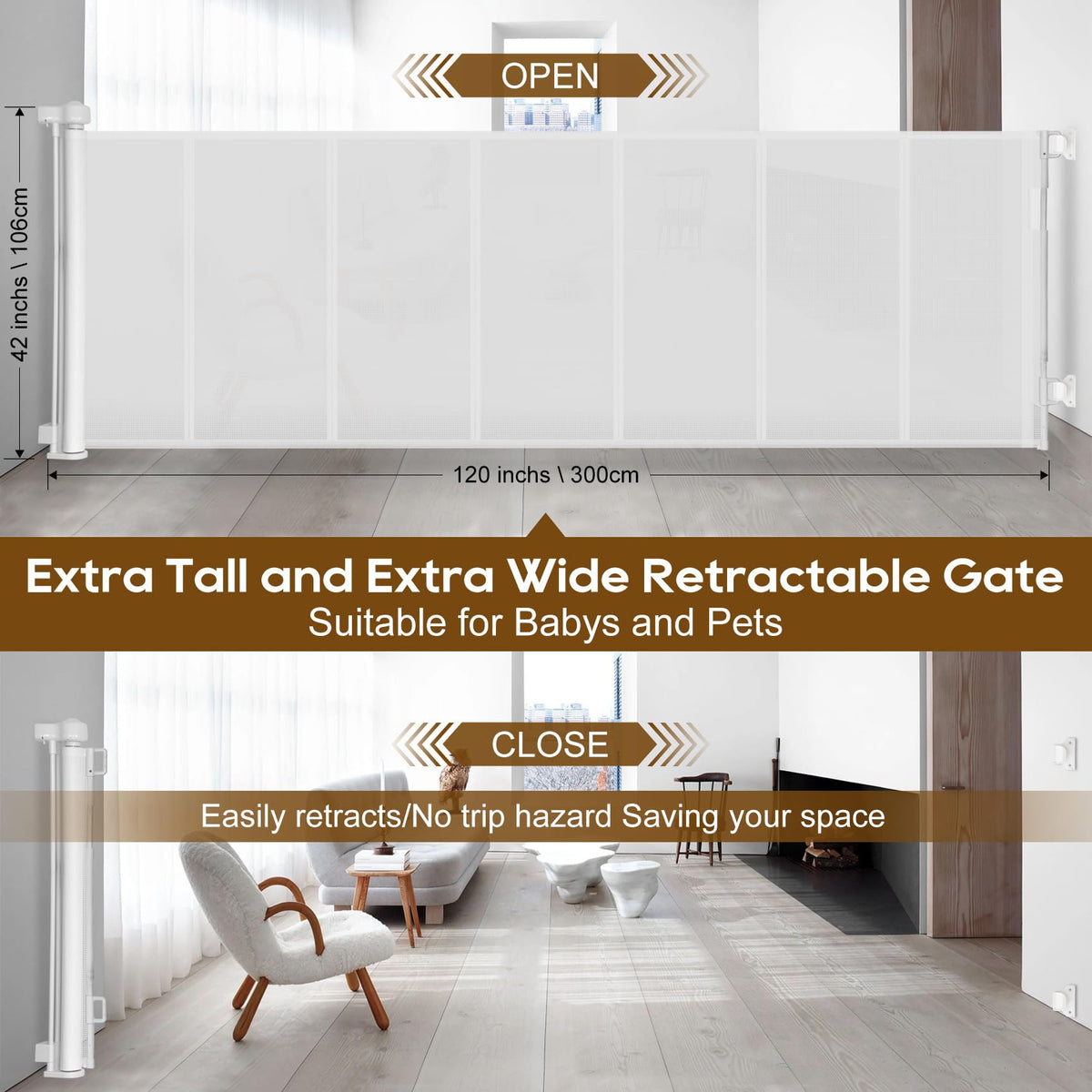 120 inch Reinforced Retractable Baby Gates 42 inch Tall (White / 42" Tall x 120" Wide)