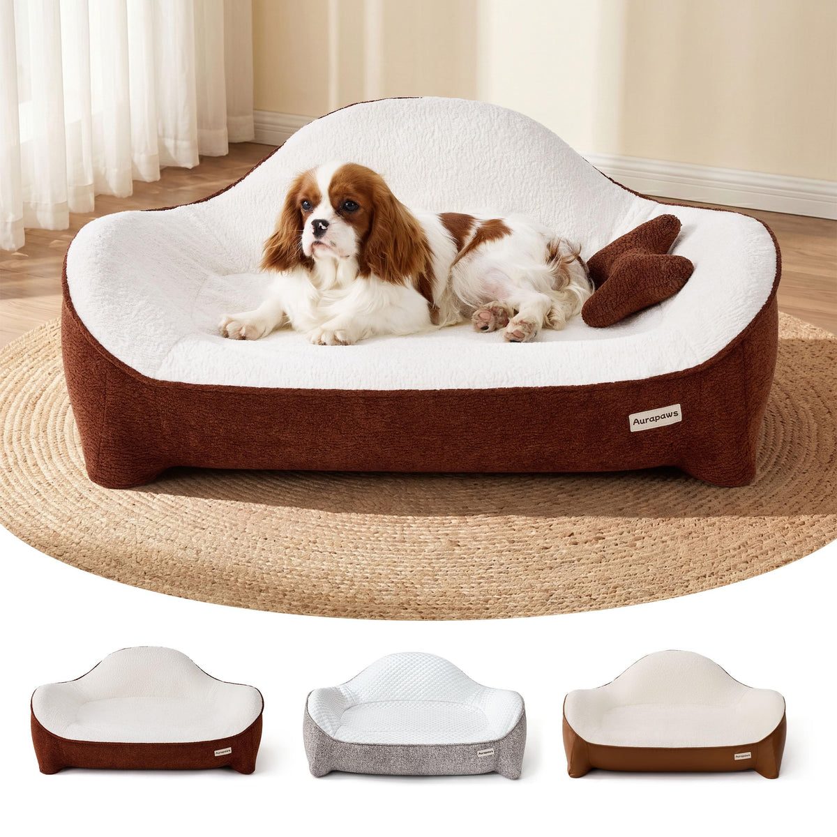 Dog Bed for Medium Sized Dog (Leather-Brick Red-Light Gray / 36"L x 27"W x 14.17"Th)