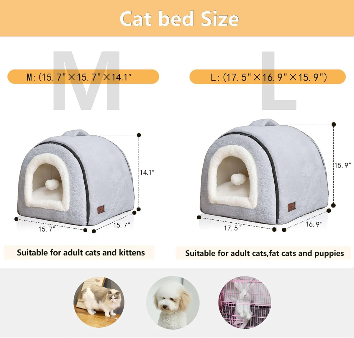 Cat Bed for Indoor Cats (Grey / L:(17.5"×16.9"×15.9"))