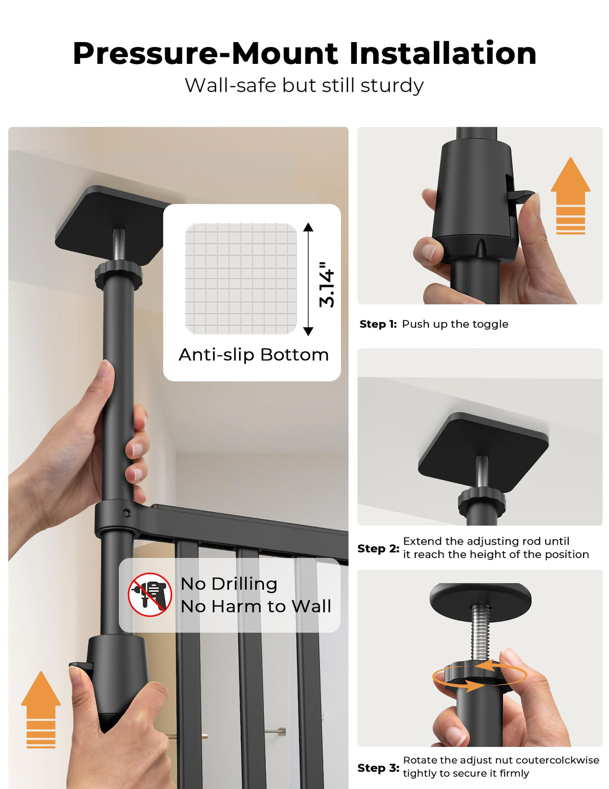 Extra Tall Cat Gate for Doorway (Black：74.8"-90.5" H x 30.3"-47.2" W)