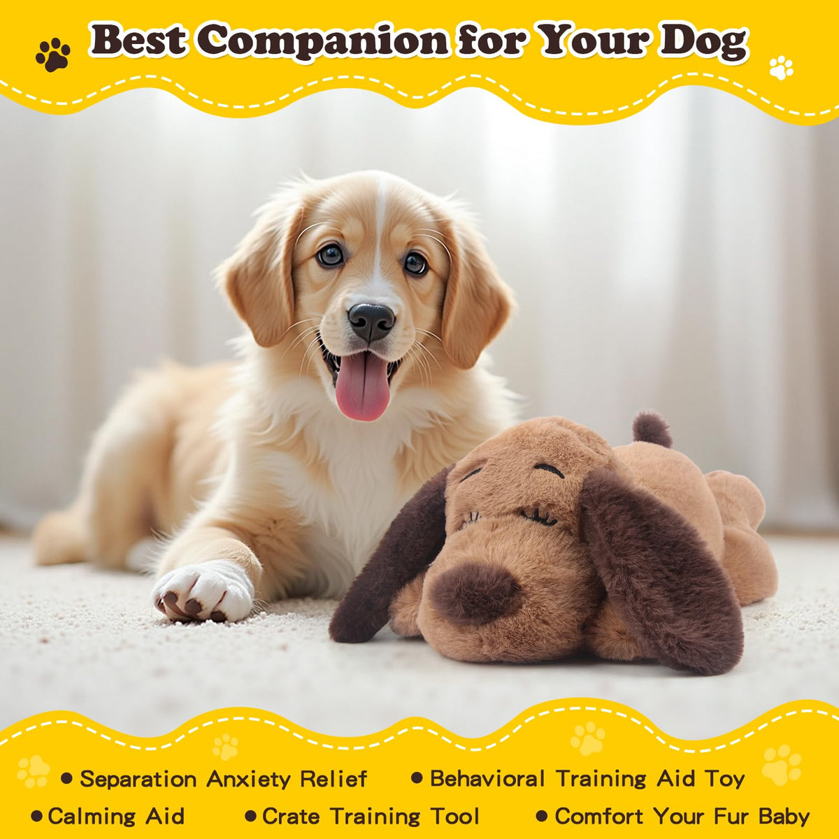 Heartbeat Puppy Toy Dog Anxiety Relief Calming Aid Heartbeat Stuffed Animals Pet Comfort Cuddle Sleep Aid Puppy Behavioral Training Aid Toy for Dog Cat (Brown-A)