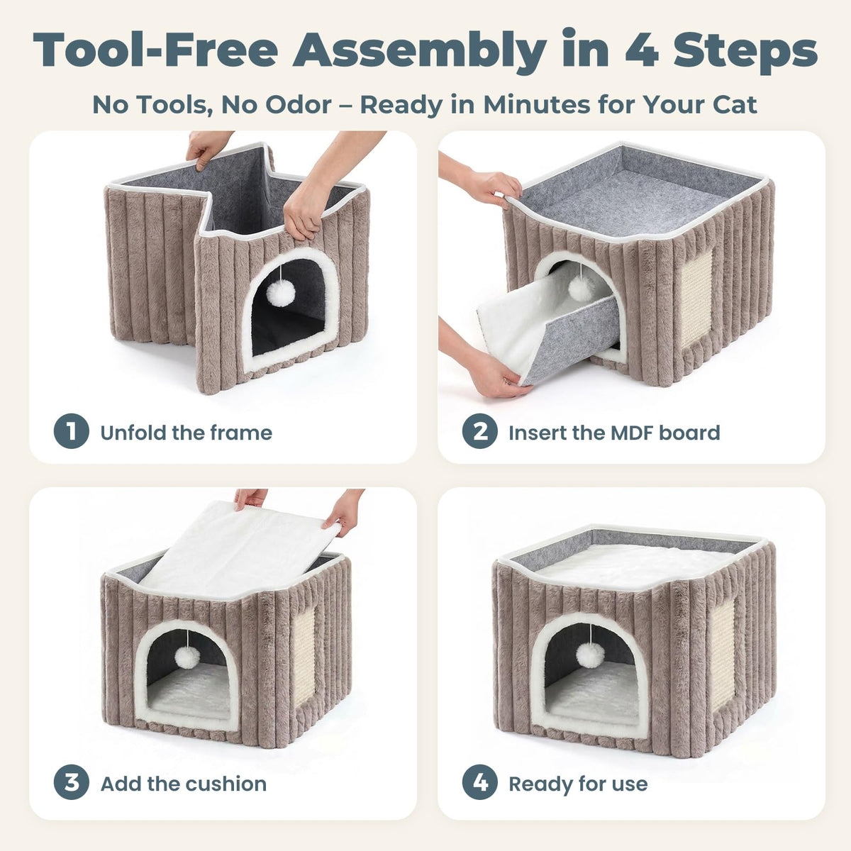 3-in-1 Cat Cave Bed for Indoor Cats with Scratch Pad (Lightbrown)