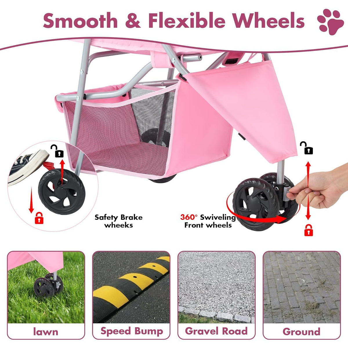 3 Wheels Pet Stroller (Pink)