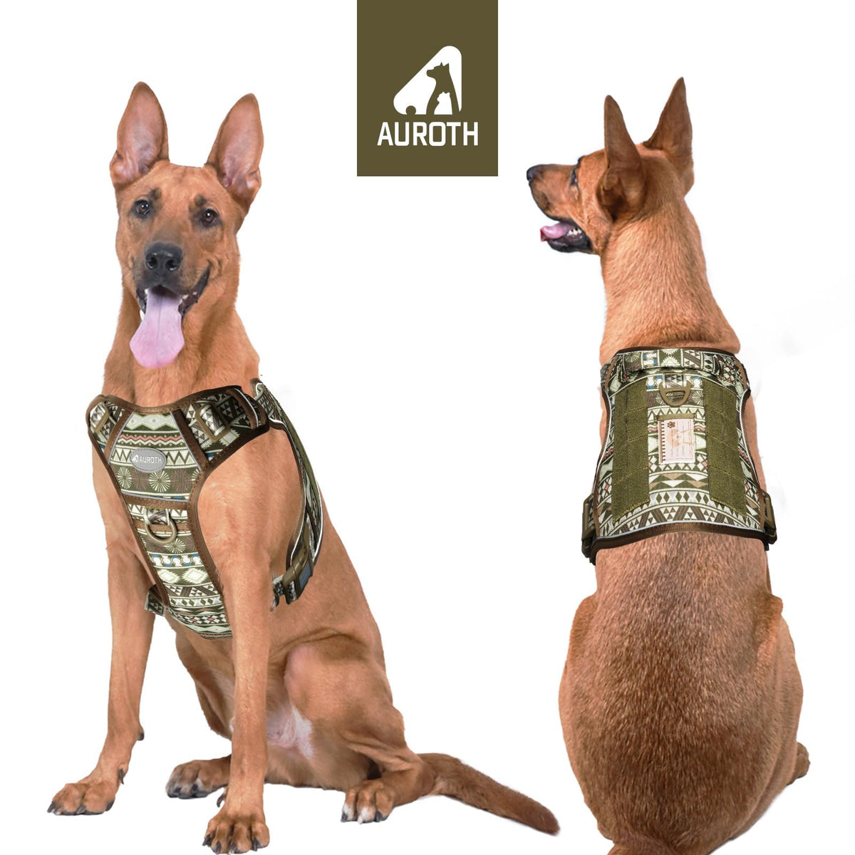 Tactical Dog Harness for Large Dogs (Tribal Patterns-Green / XL(Neck:20-31",Chest:26-42"),75-135 lbs)
