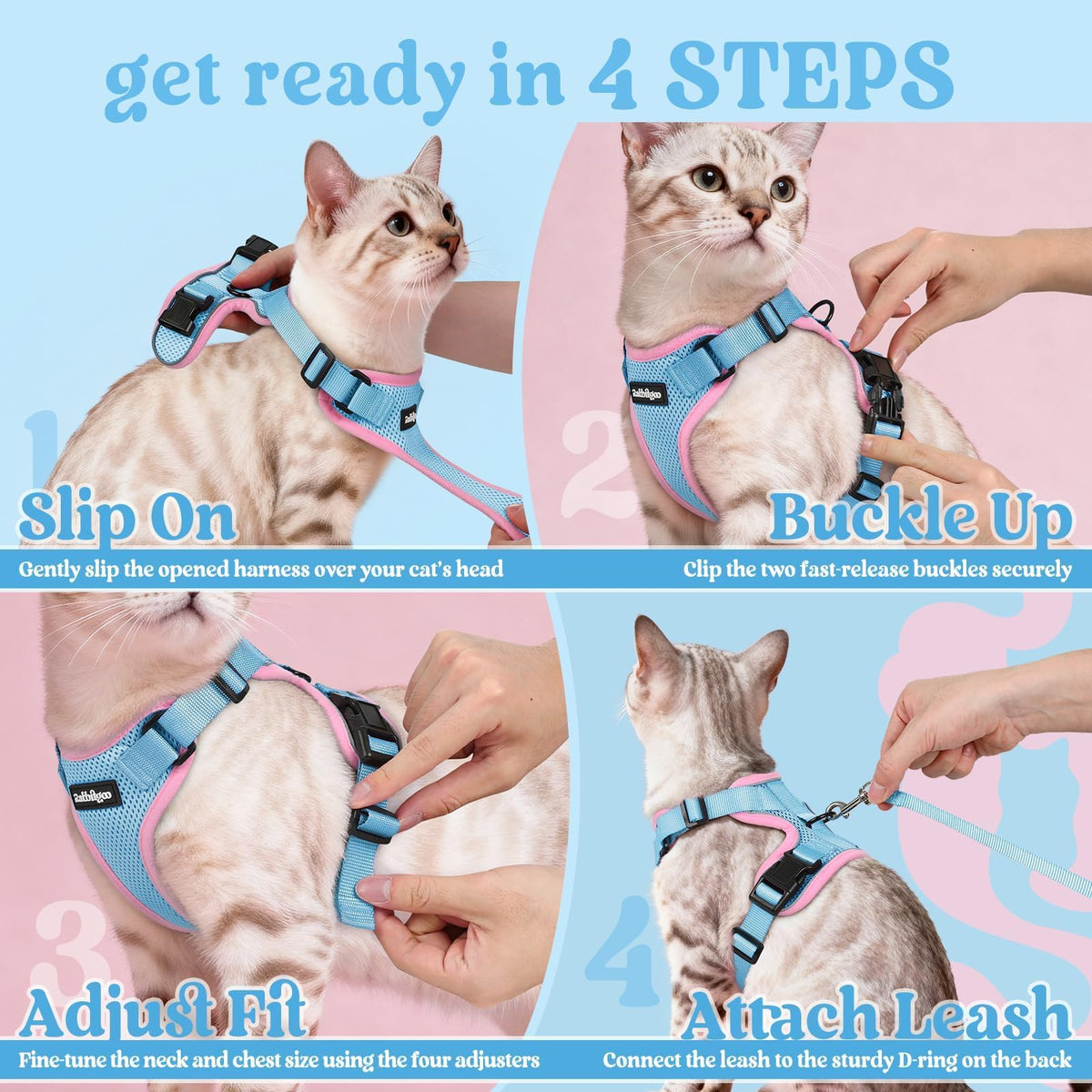 Cat Harness and Leash Set (Xs / Light Blue & Pink)