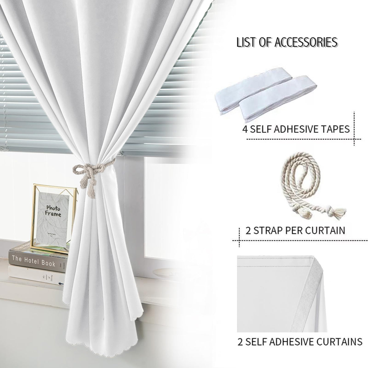 self Adhesive Curtains Portable Blackout Curtain Simple and Easy to Install Bedroom Window Thermal Lnsulated Kitchen Room Darkening Black Small Drapes (47"W x 59"L (Pack of 2) / White)
