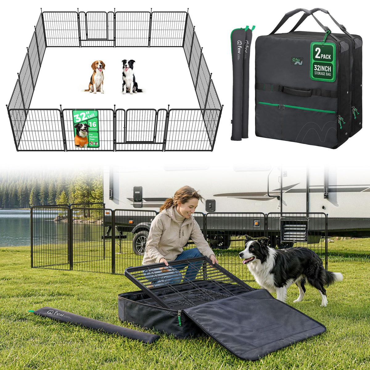 Rollick Dog Playpen with Storage Bags (Black / 32"H)
