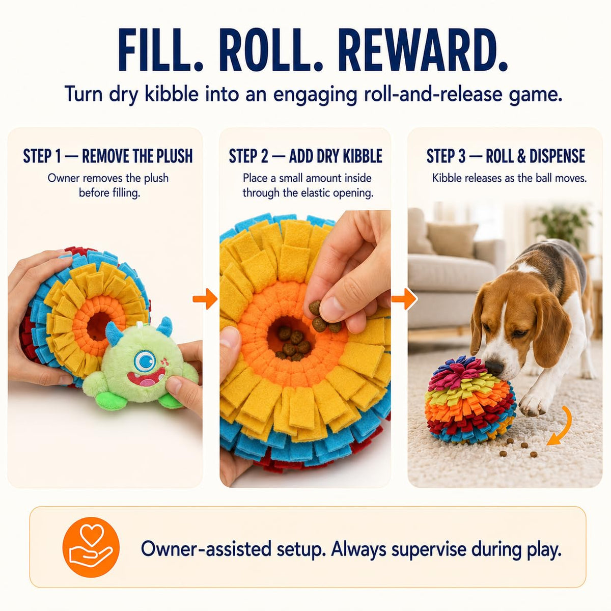 2-in-1 Snuffle Ball for Dogs with Removable Plush Toy and Built-in Storage, Interactive Dog Puzzle Toy for Treat Hiding & Slow Feeding, Machine Washable Dog Enrichment Set (Rainbow-colored / Large)
