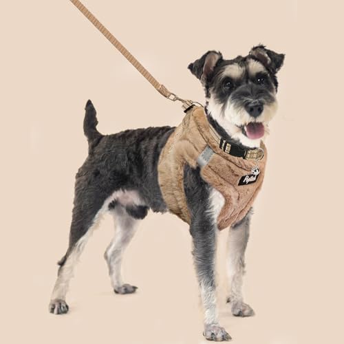 Dog Harness Collar and Leash Set No Pull for Small Medium Sized (Plush Khaki / M (CHEST 16"-18"))