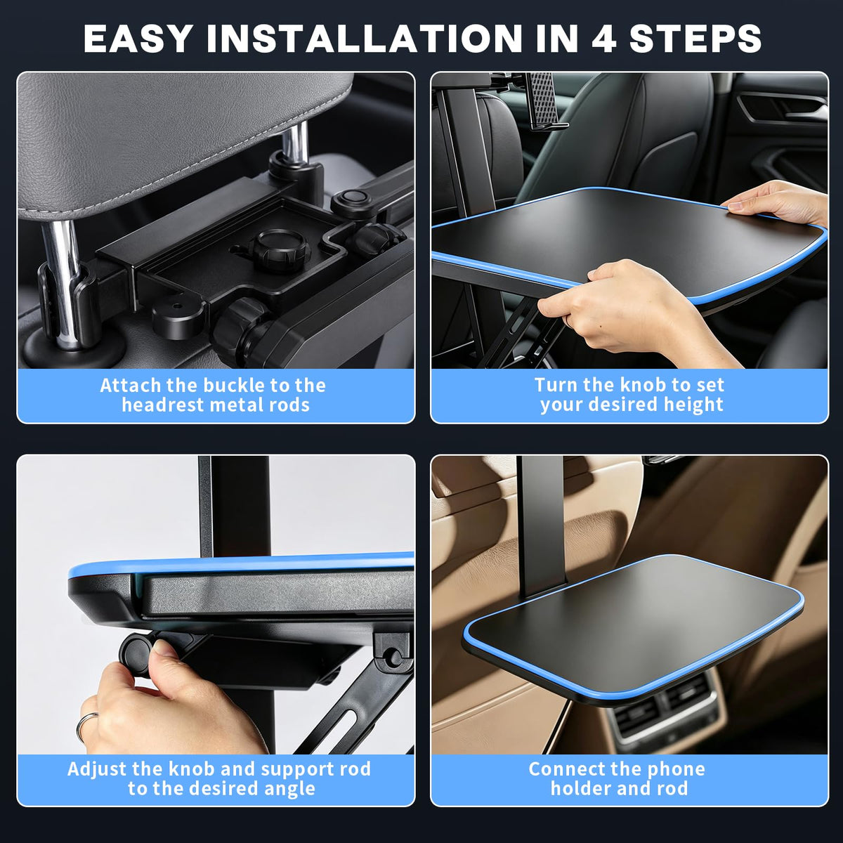 Large Car Tray Table for Back Seat with Adjustable Height (Blue)