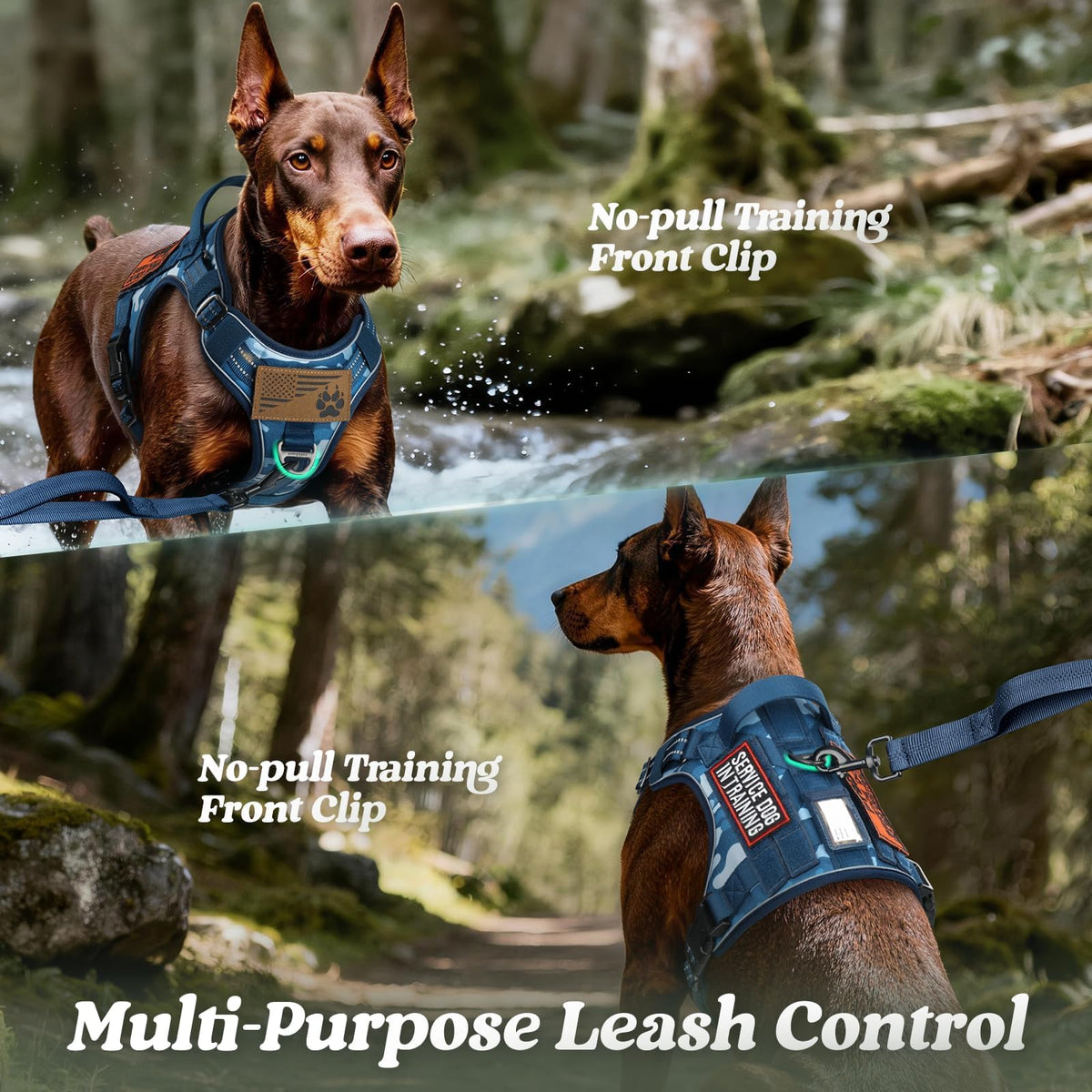 Tactical Dog Harness for Small Dogs (S(Chest:16.1"-31.5",Neck:15.4"-21.6",Back:7.1") / Blue Camo)