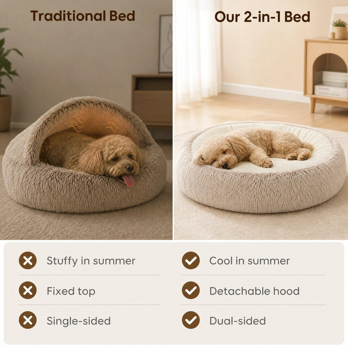 Convertible Donut Cat Bed Cave (Brown / 23.6 in Medium Size)