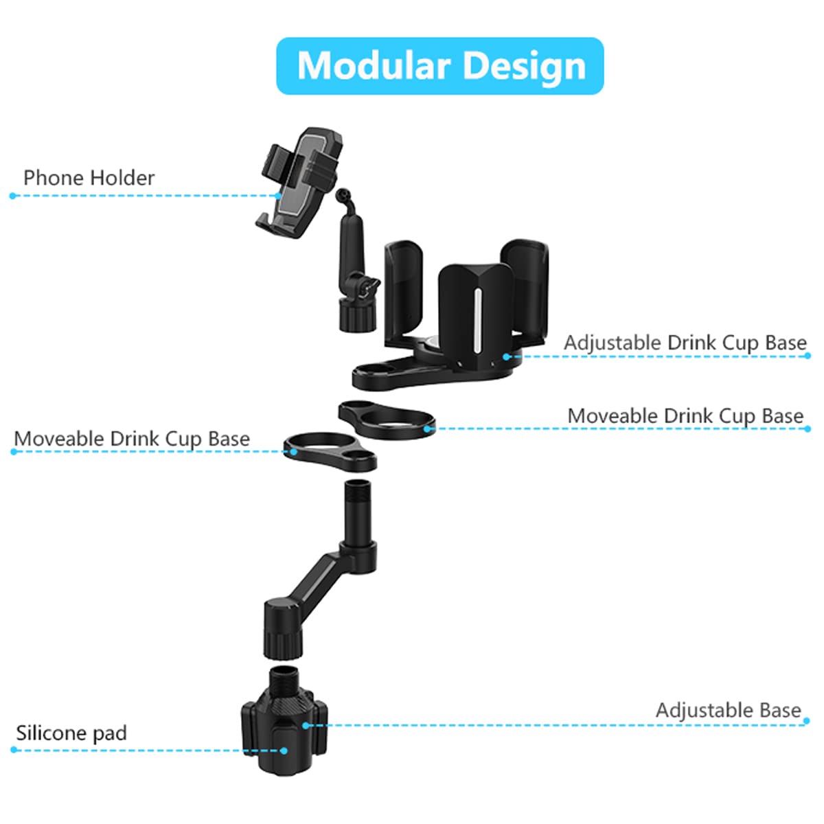 4-in-1 Car Expander with Dual Cup Holder, Phone Holder, 360 Adjustable Base, All Purpose Organizer for Snack Bottles, Drinks (D04)