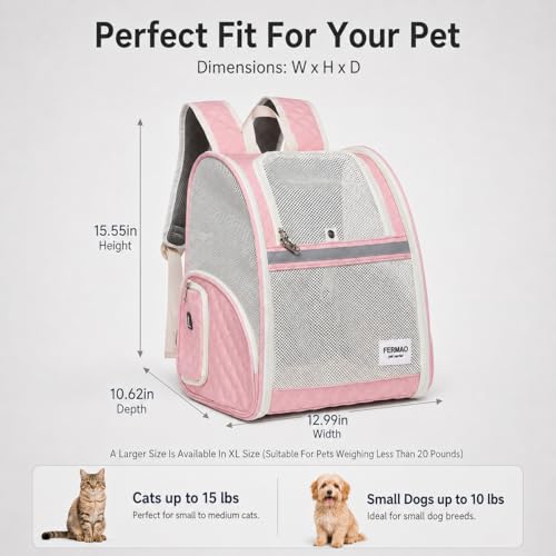 Cat Backpack Carrier for Small Dogs and Medium cat Puppy Kitten Bunny Pet Carrier Backpack Collapsible with Fully Ventilated Mesh with Safety Leash (Pink / 12.9"L x 10.62"W x 15.5"H)