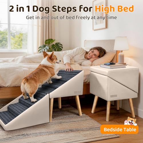 Dog Stairs & Ramp for High Bed & Couch (Beige / 22.8in Bed)