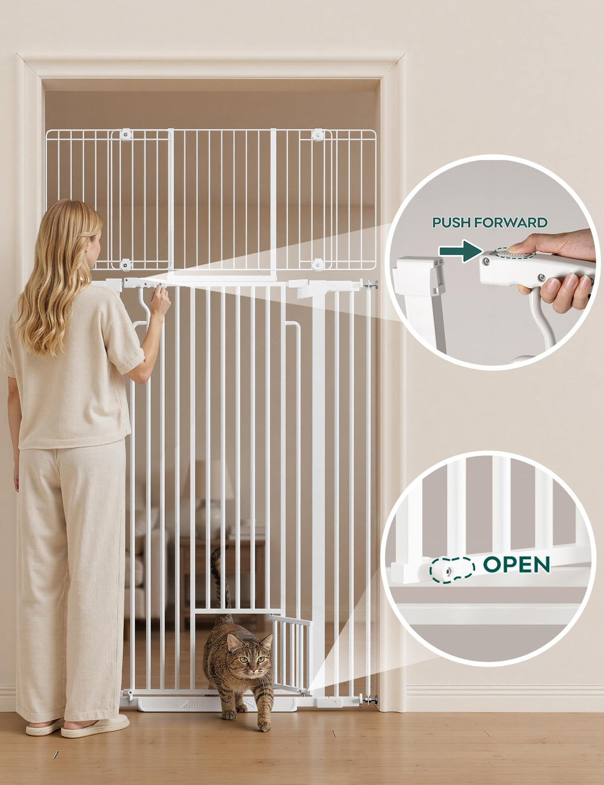 71in Extra Tall Pet Gate with Small Cat Door (White / 71" Tall, 29.5-40.6" Wide)